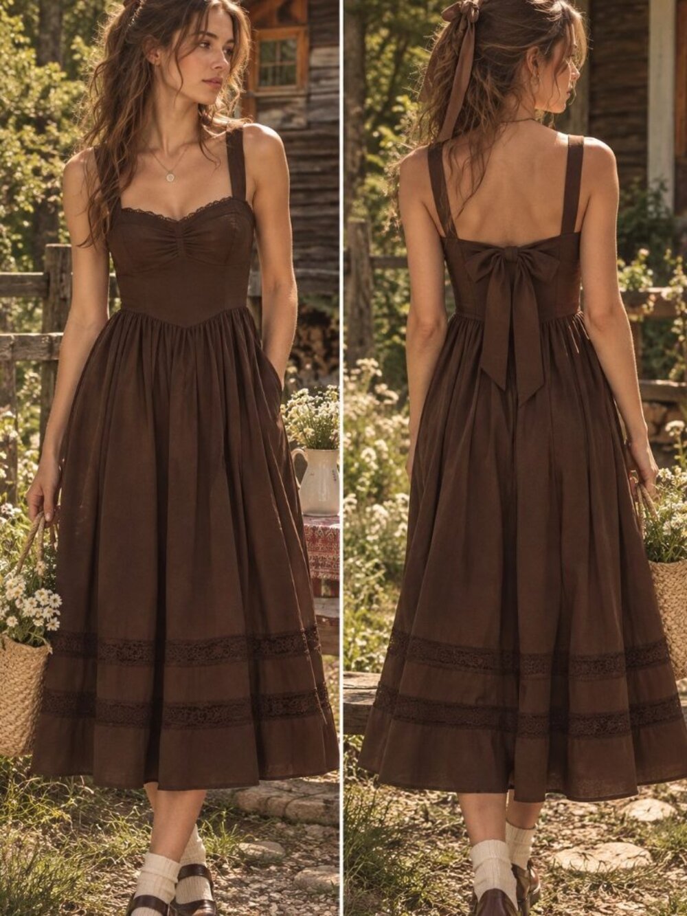 American Eagle Brown Corset Midi Tiered Dress Lace Sz XS Coquette Cottagecore
